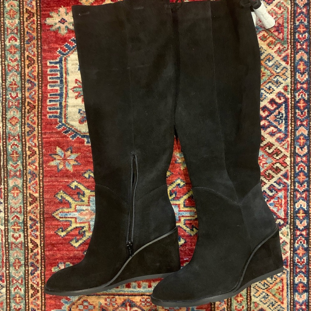 Antonia Malani black suede knee high wedge boots. Size 8. Never worn.